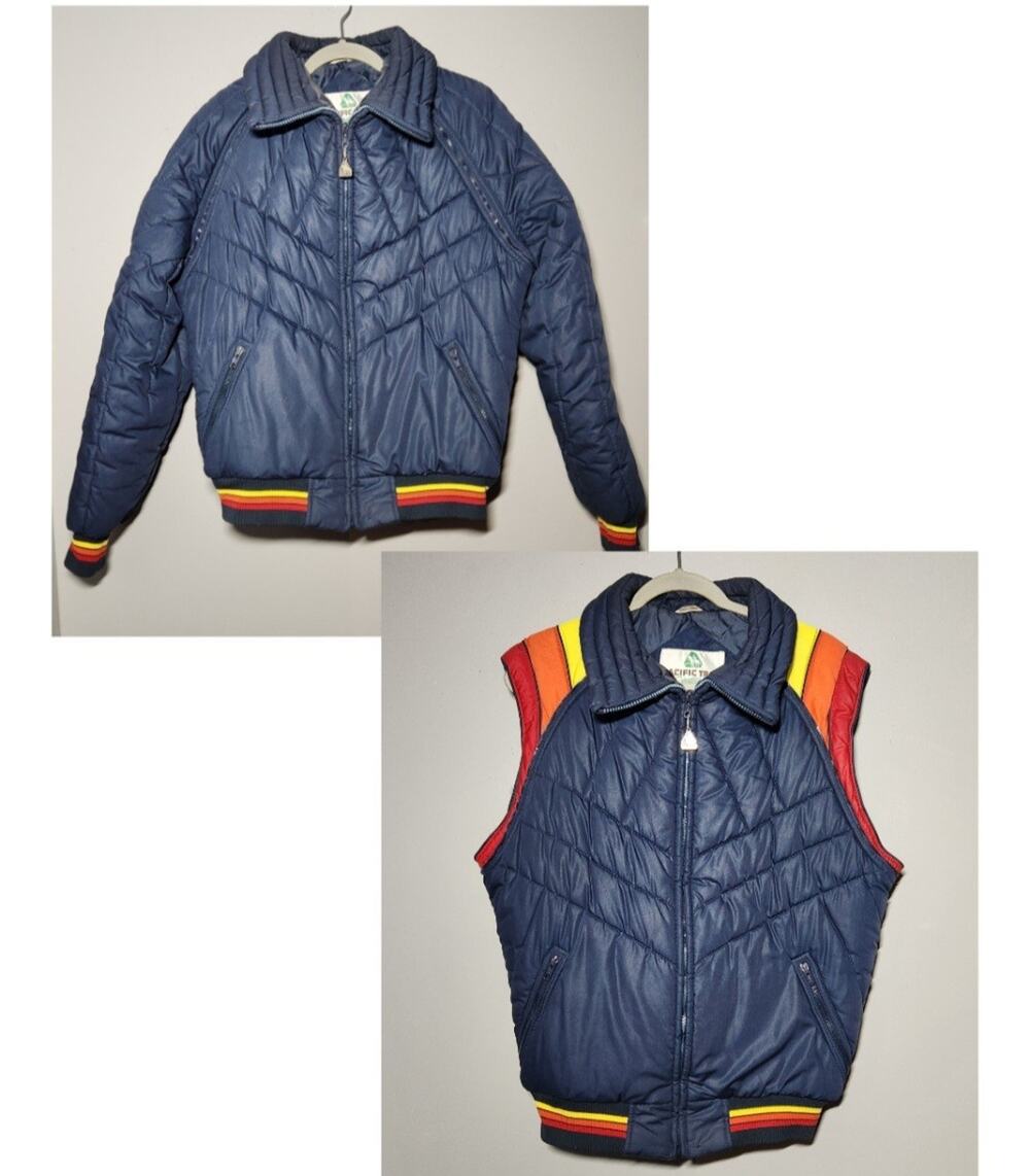 Vtg 80s Pacific Trail Convertible Puffer Ski Jacket / Vest Navy & Rainbow Mens L
